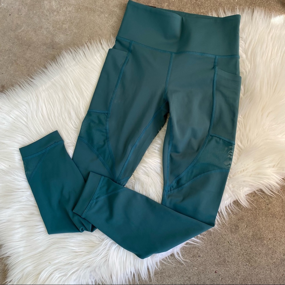 Teal High Waisted Mesh Panel Cropped Athletic Leggings - Picture 2 of 5
